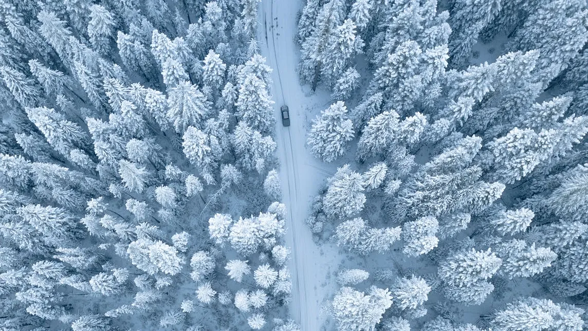 This is a photo of a car on a snowy road surrounded by trees viewed from above.