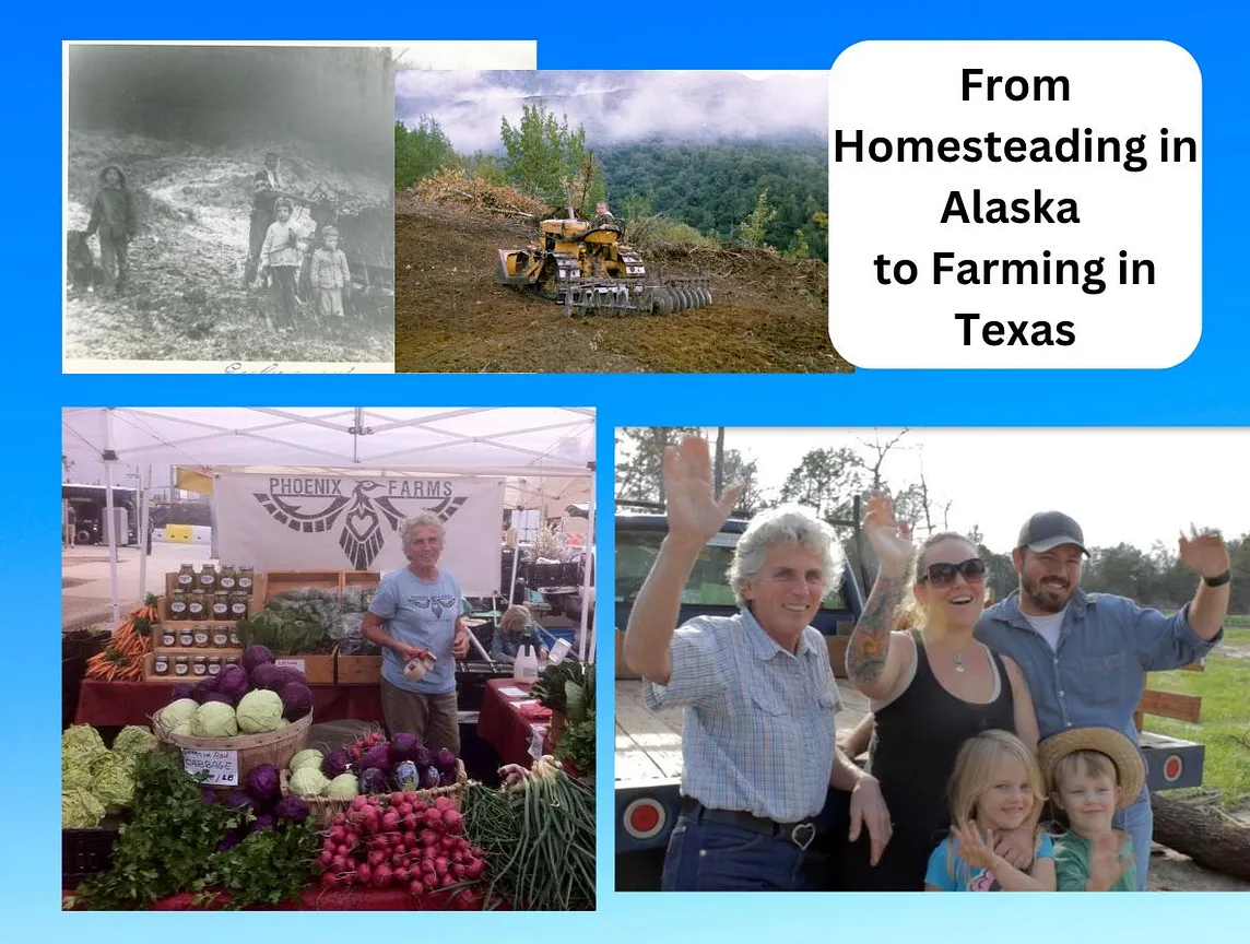 Images of children on an Alaskan homestead and the author as an older woman on her farm in Texas with vegetables and with her family.