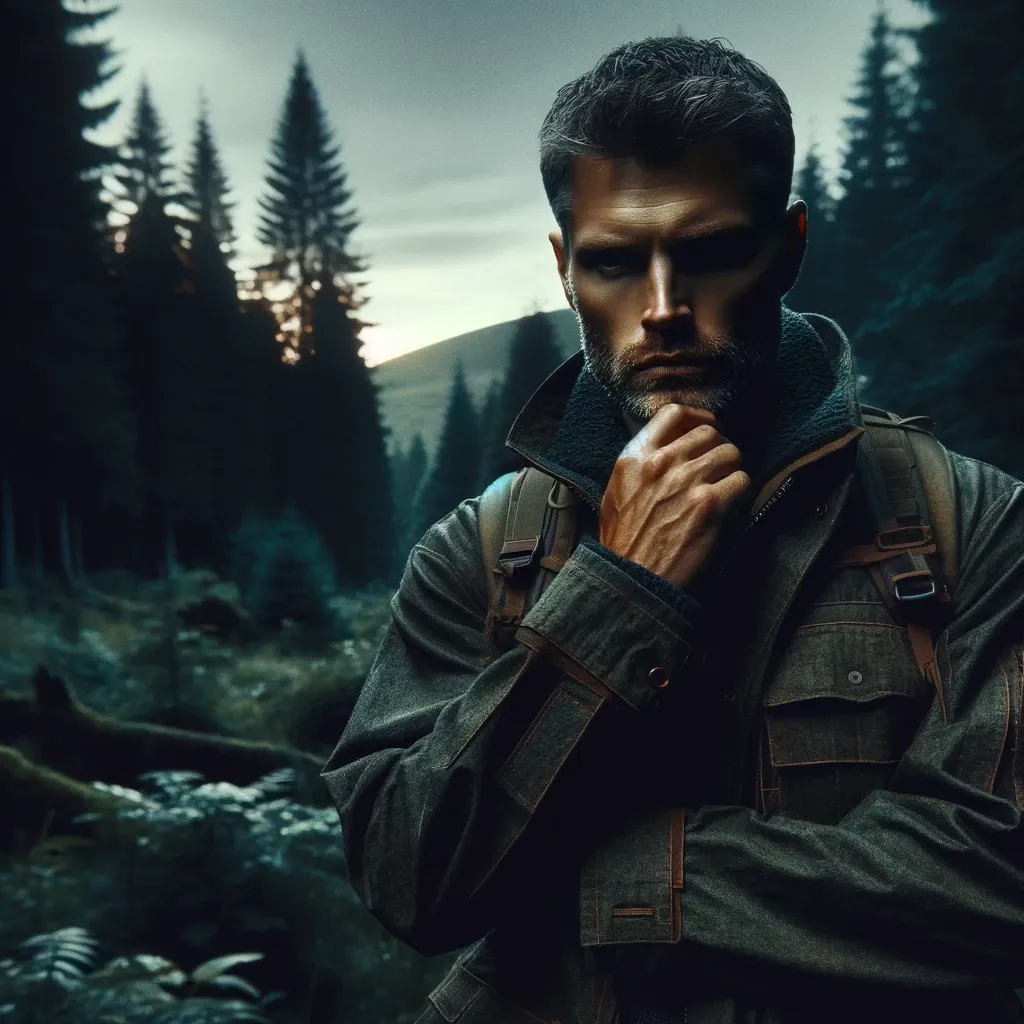 A powerful, somber cover image for a blog post. It features a rugged, thoughtful man standing alone in a dark forest at twilight. The colors are dark and muted, with deep greens, grays, and blacks. The man, wearing outdoor gear like a jacket and boots, has a strong, resolute expression. The scene symbolizes resilience and introspection, capturing a moment of contemplation and connection with nature. There is no text included in the image.