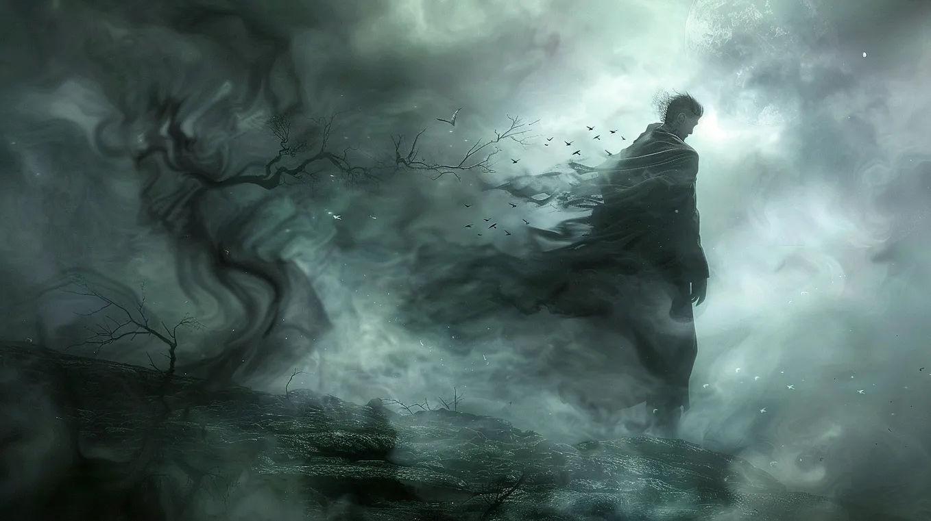 A dark, ethereal image of a solitary figure standing on a fog-covered landscape, contemplating existence. The background features swirling mist, barren trees, and distant birds flying, symbolizing the search for meaning and the unknown mysteries of life.