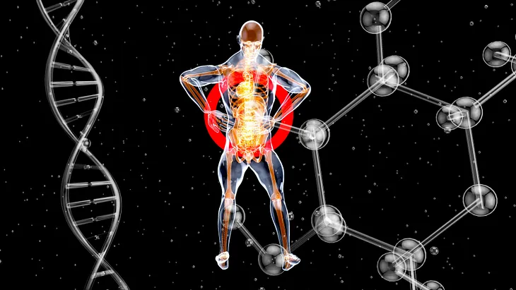 Illustration of a transparent person, with a DNA strnd on the left and a ball-and-rod molecule drawing on the right.