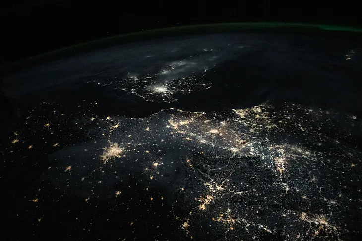 Major cities in northwestern Europe shine bright in this night-time photo, taken with a Nikon D5 by an astronaut aboard the International Space Station on 19 January 2024