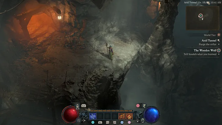 Diablo IV’s customizable player character stands in a moody cave.