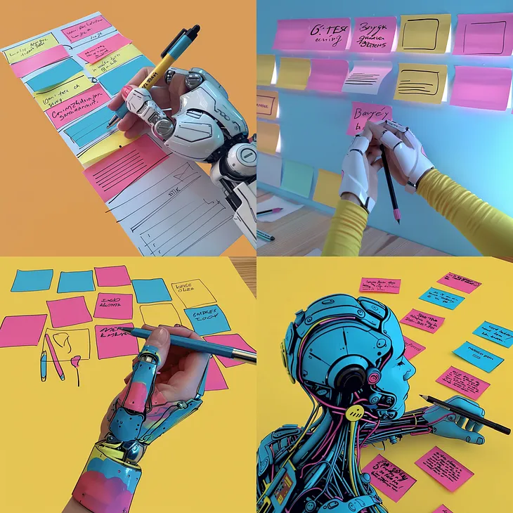 Collage of robotic hands writing on sticky notes, symbolizing AI’s role in creative and planning tasks. (Alt text written by Bing’s COPILOT AI, checked by a human).