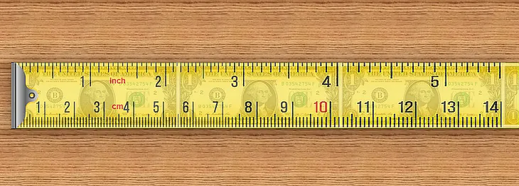 A tape measure that stretches out and appears to measure dollars