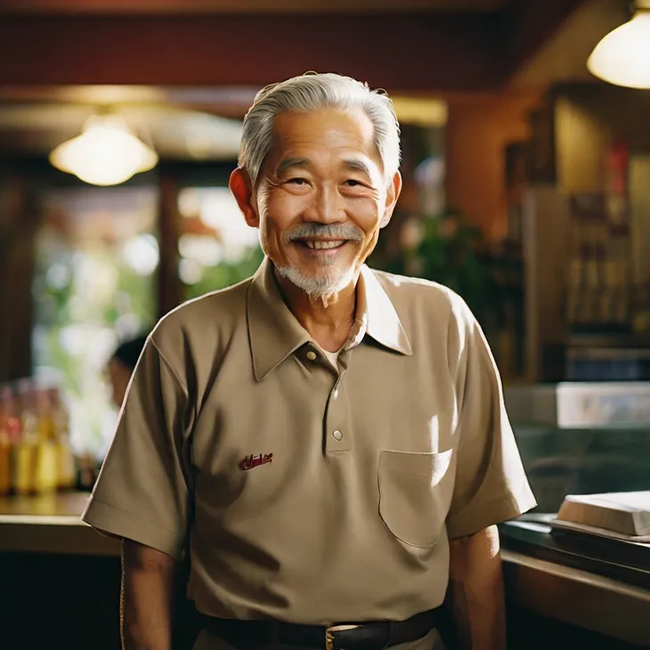 A smiling Asian elderly man in uniform inside a restaurant