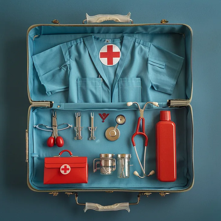GenAI image of a nurse’s toolbox with srubs and stethoscope, etc.