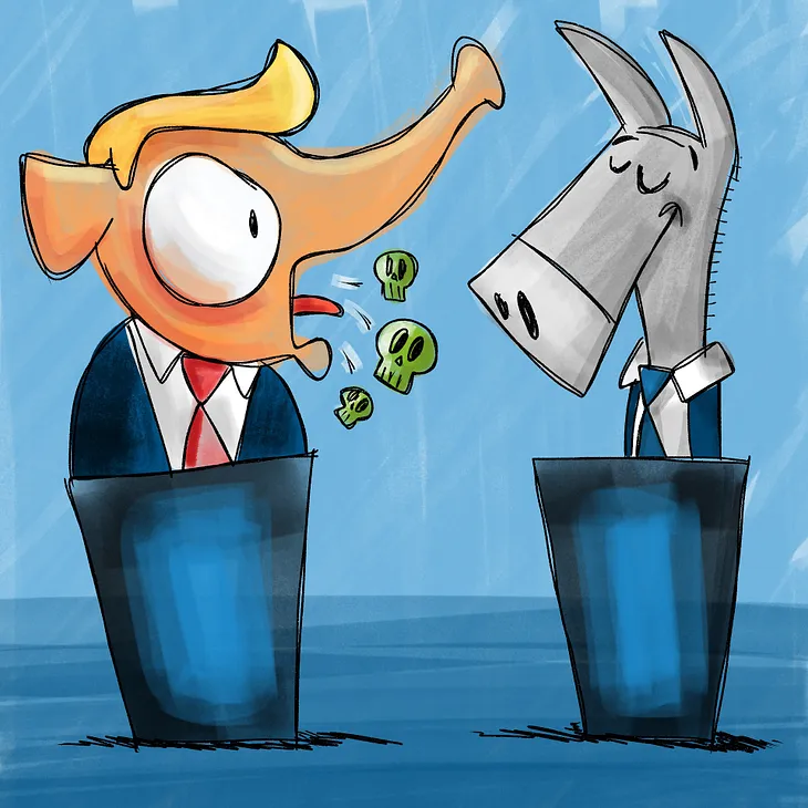 Picture of the Republican elephant standing at a podium, debating the Democratic donkey.