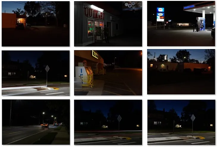 3 by 3 grid of thumbnail night photos to show variety of tripod compositions