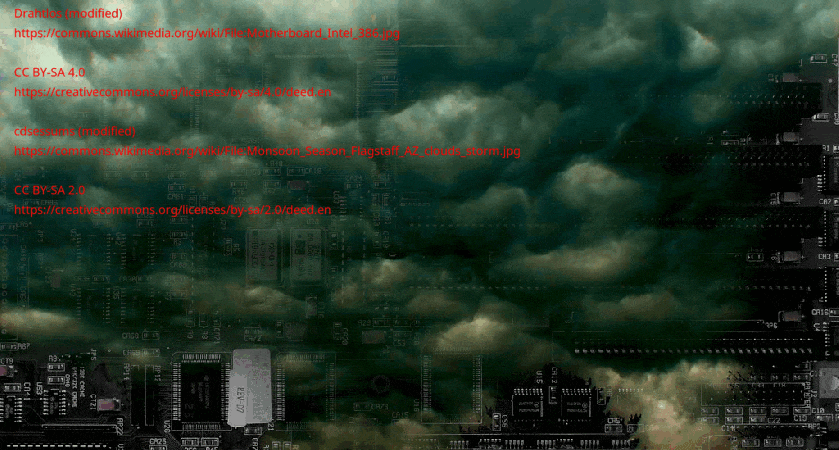 An animation built around an image of dark, menacing storm clouds. Peeking through the clouds is a 386 motherboard, which slowly crossfades to a Code Waterfall effect from the credit sequence of the Wachowskis’ ‘The Matrix.’ The animation crossfades back and forth in an endless loop. Image: Drahtlos (modified) https://commons.wikimedia.org/wiki/File:Motherboard_Intel_386.jpg CC BY-SA 4.0 https://creativecommons.org/licenses/by-sa/4.0/deed.en — cdessums (modified) https://commons.wikimedia.o