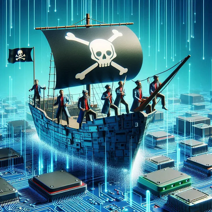Digital Pirates; pirate ship floating over bunch of computer chips