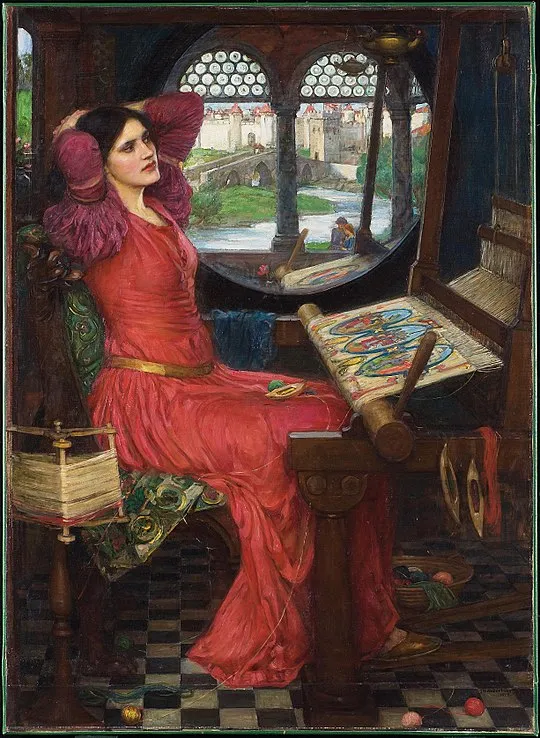 A young brunette woman in rich red medieval dress with golden belt sits in front of a loom, her hands in her hair. Outside lies the castle of Camelot.