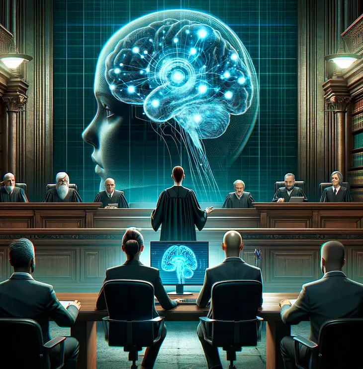 Courtroom with judge, jury, and lawyers engaged while a brain scan is displayed on a large screen.