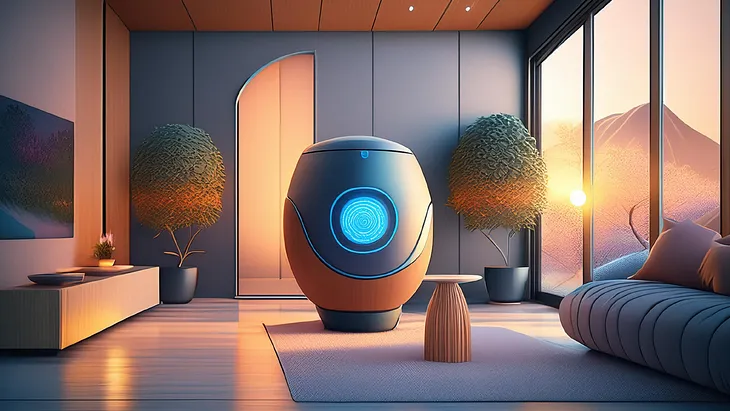 A futuristic home’s living room is shown, with a glowing blue device in the corner.
