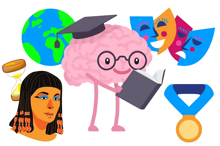 A scholarly brain holding a book is surrounded by a globe, theater masks, Cleopatra, and a sports medal.