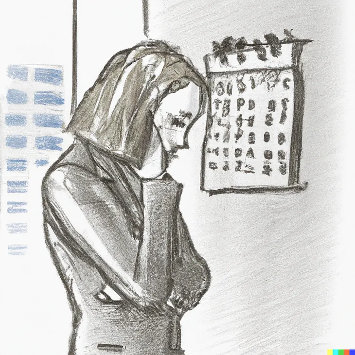 A pencil drawing of a sad person looking at a calendar on the wall.
