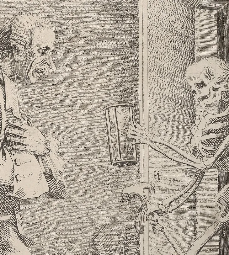 A skeleton holding opening a door and handing a sand hourglass to a frightened man.